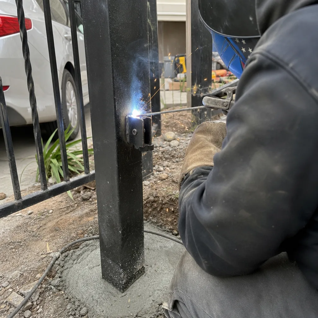 Professional welder performing metal gate installation and repair on a post
