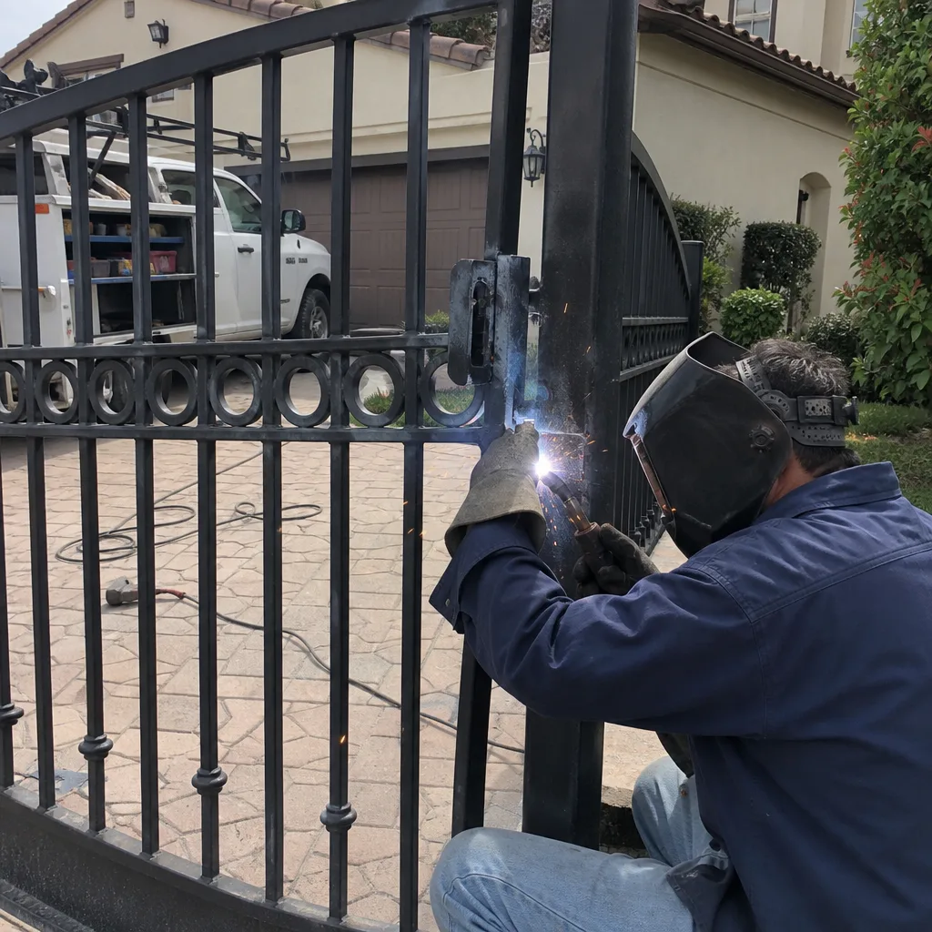 Professional welder performing iron gate repair service on a residential property